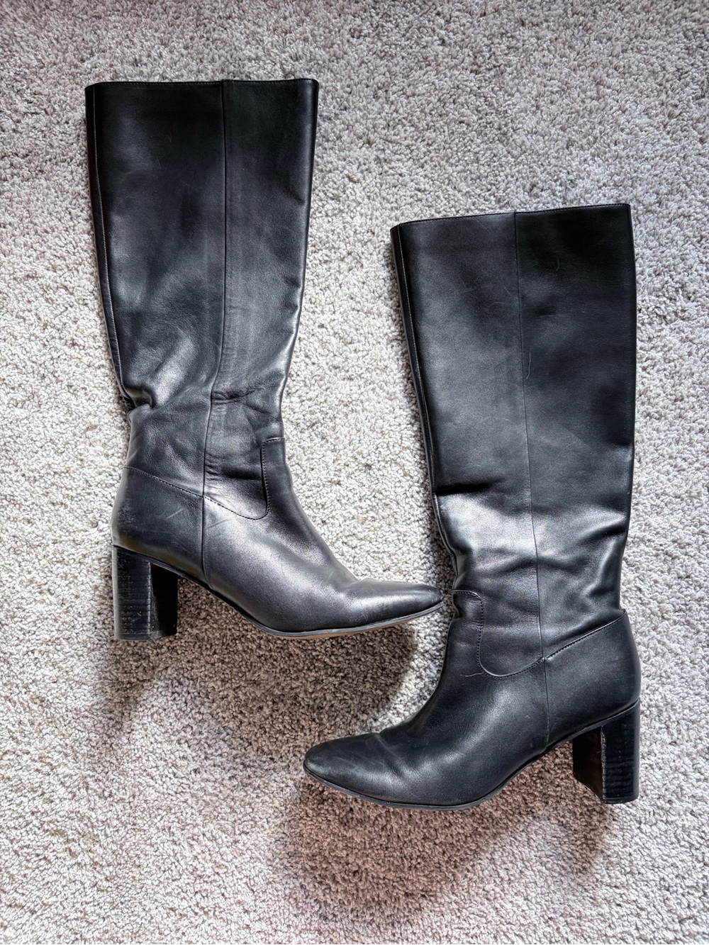Women's Black Leather Knee-High Boots - Classic Block Heel